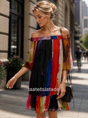 Anthropologie Off-Shoulder Mini Dress in Multicolor Stripe